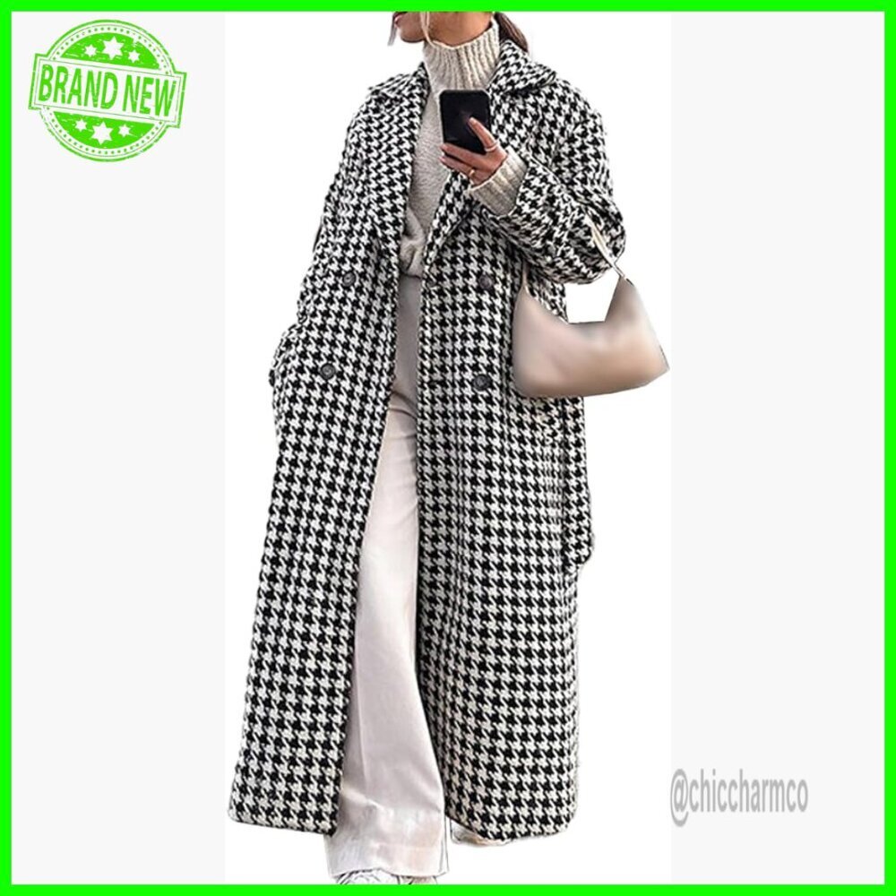 Women's Houndstooth Trench Coat Double Breasted Belted Long Overcoat